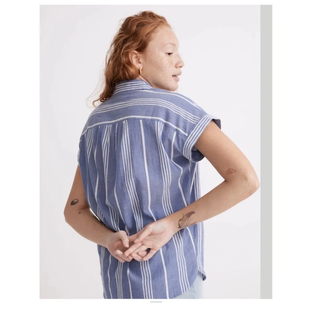 MADEWELL Central Shirt Stripe Crinkle Cotton Button Down Shirt Blue Stone - Picture 2 of 12